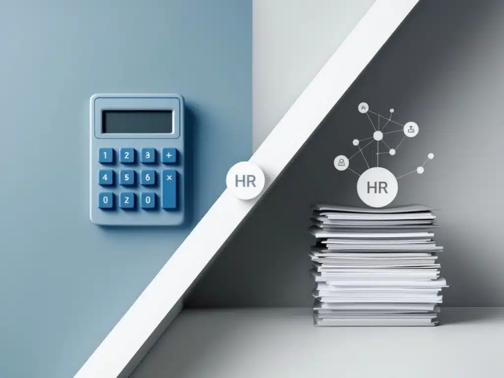 Rekenmachine en georganiseerde documenten gescheiden door diagonale lijn, met verbonden cirkels die HR-workflow vergelijking tonen