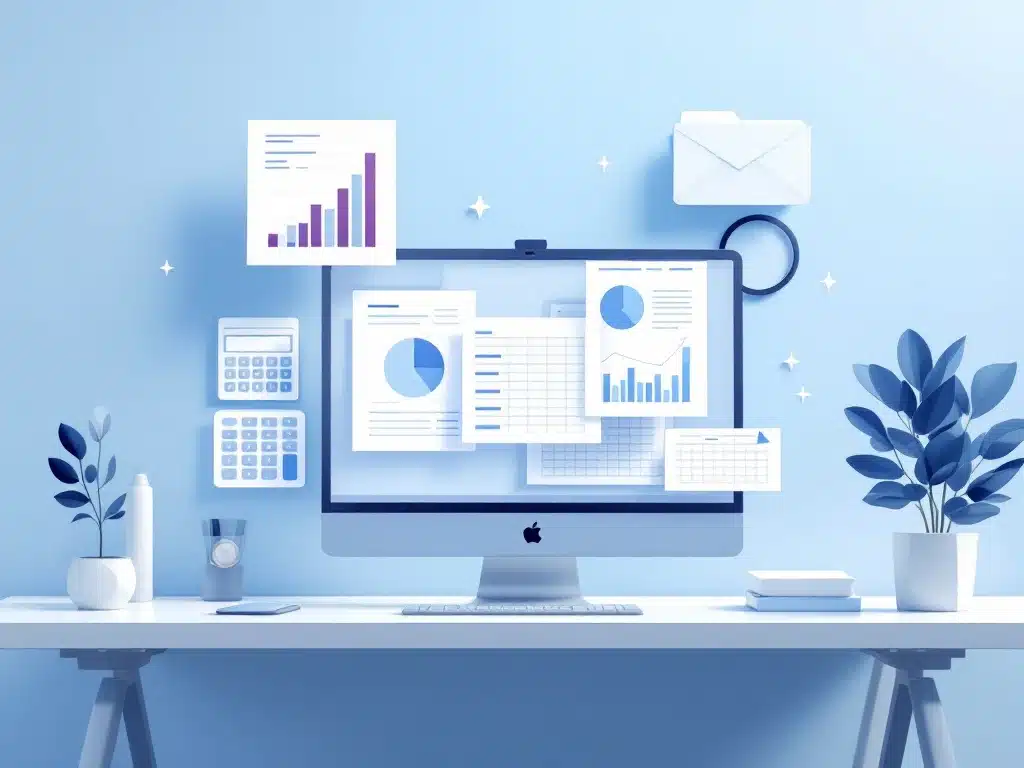 Minimalistische werkruimte met zwevende spreadsheets en HR-documenten in blauw-wit design voor datamanagement