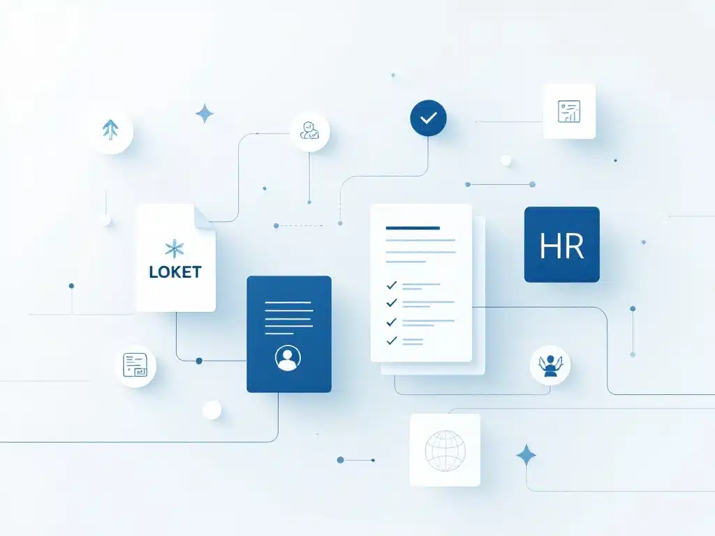 Minimalistisch geometrisch ontwerp met blauwe en witte vormen die LOKET administratieve ondersteuning visualiseren