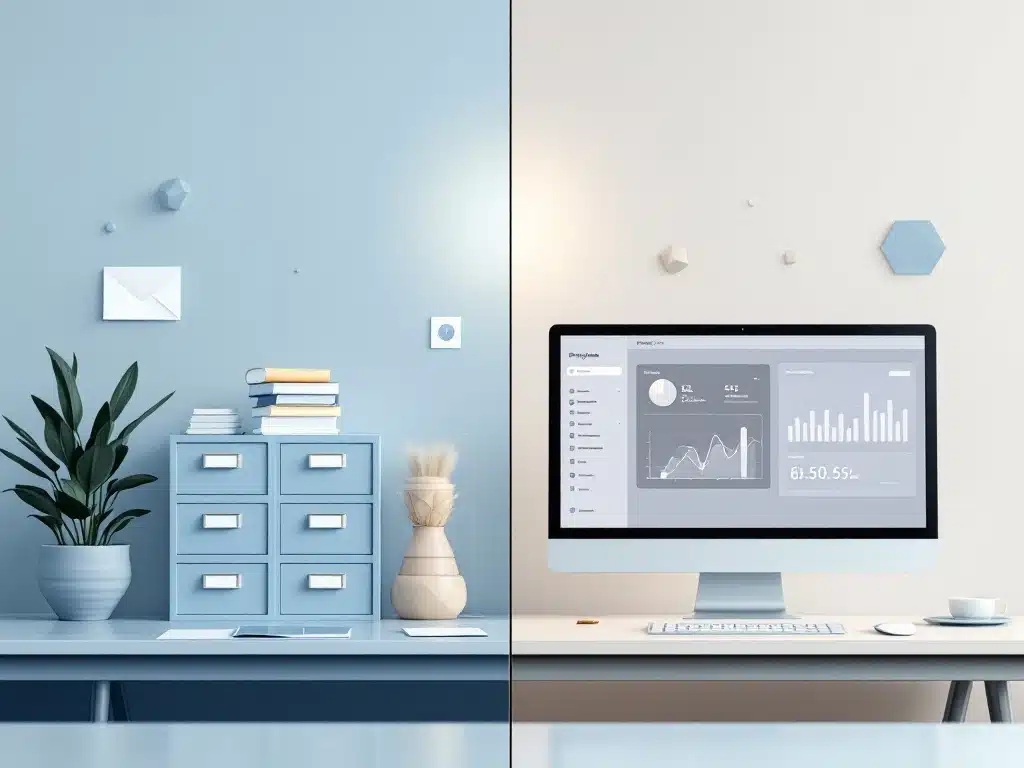 Gesplitst scherm toont moderne kantoorruimte met blauwe archiefkasten links en computermonitor met gegevensvisualisatie rechts