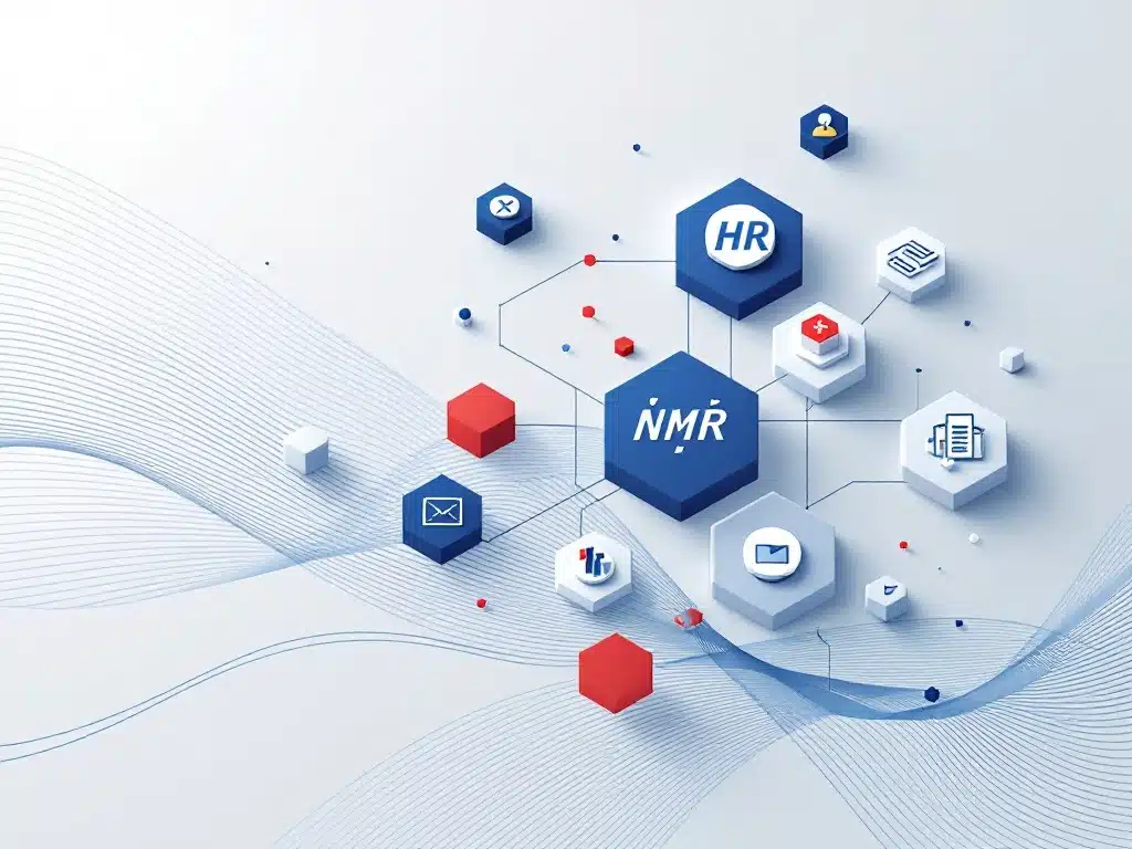 Geometrische hexagonale modules verbonden door lijnen die NMBRS HR-diensten en salarisadministratie voorstellen op witte achtergrond