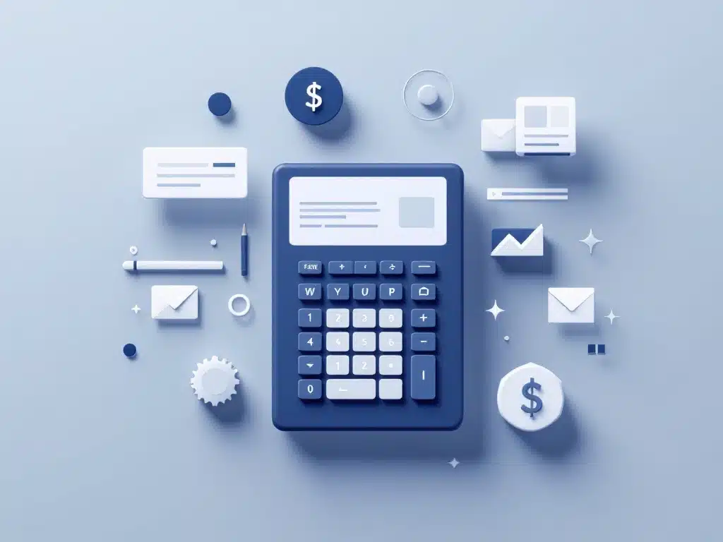 Salarisadministratie calculator met geometrische vormen in blauw en wit, moderne HR-diensten visualisatie