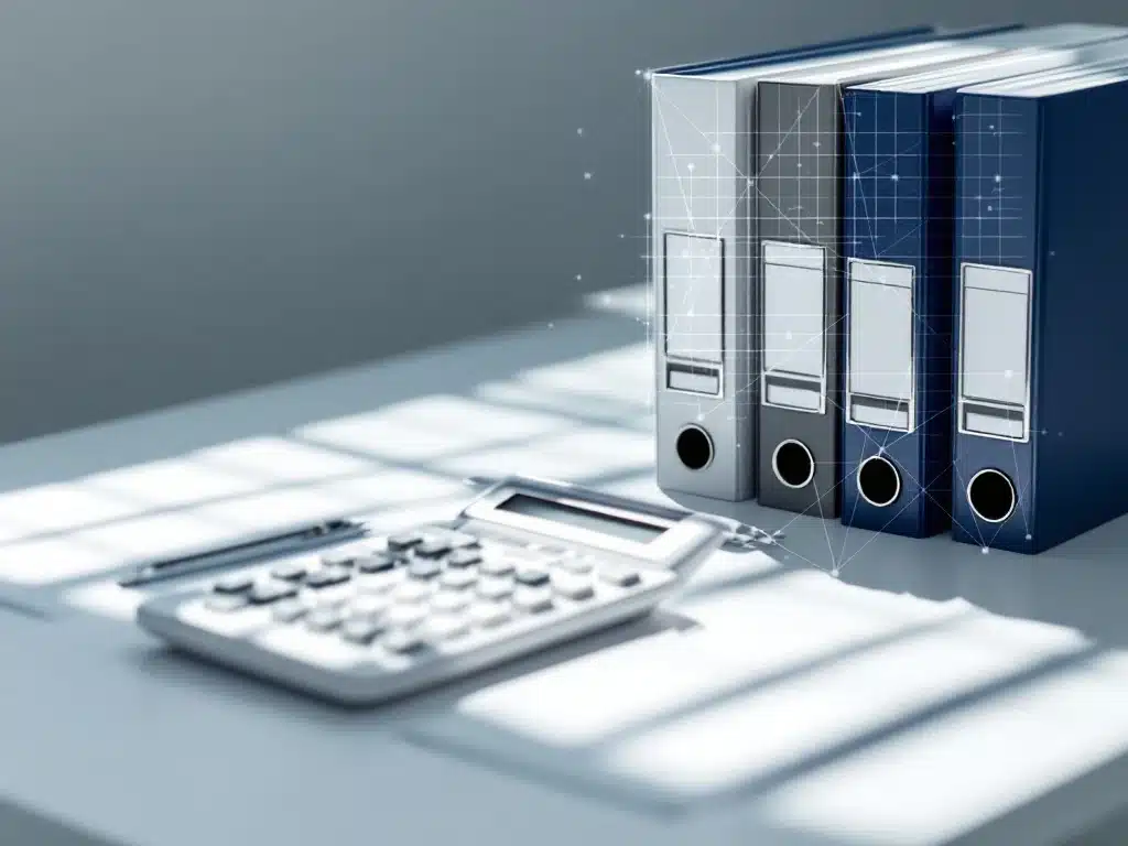 Witte rekenmachine en documenten op bureau met marineblauwe mappen voor HR-administratie en salarisverwerking