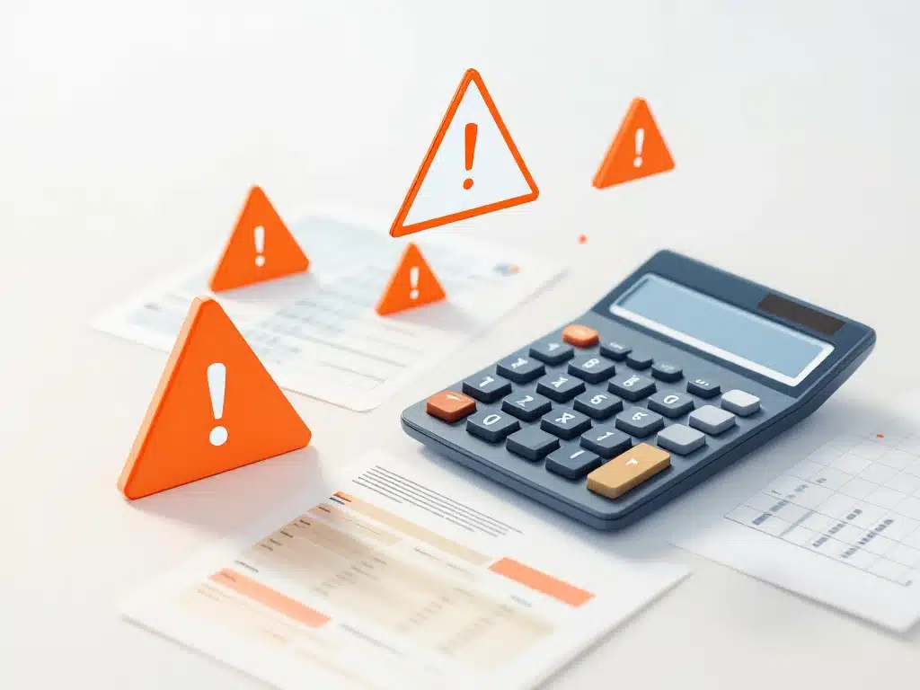 Rekenmachine op wit bureau met rode foutsymbolen en oranje waarschuwingsdriehoeken rond financiële documenten