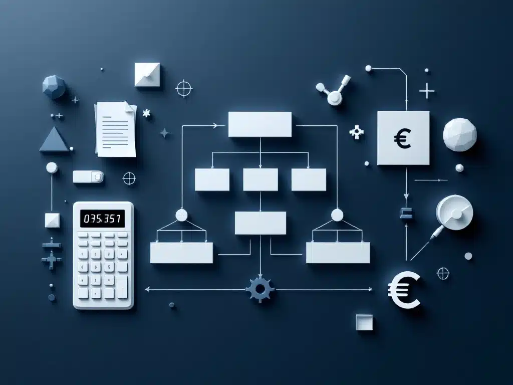 Geometrische salarisadministratie illustratie met rekenmachine, documenten, euro symbolen en organisatieschema in navy blauw