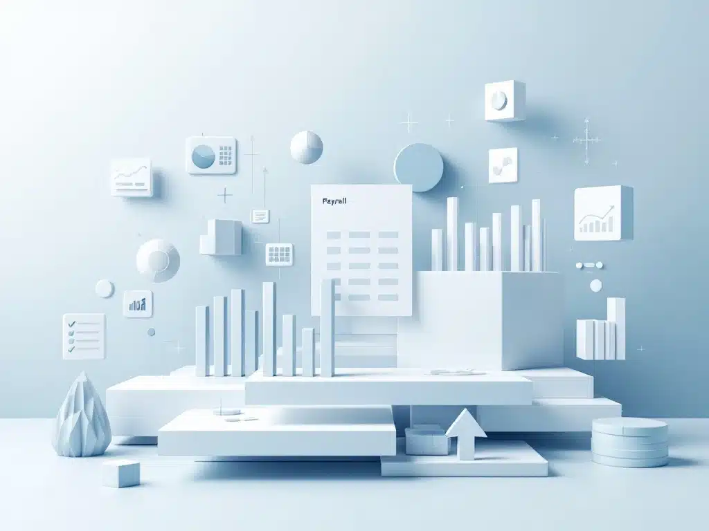 Geometrische documenticonen en spreadsheetgrids in minimalistische witte en blauwe HR-datavisualisatie compositie