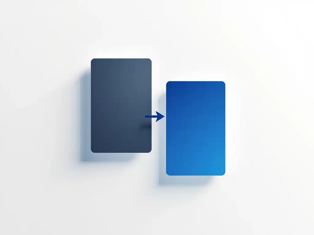 Digitale overgang van oud grijs systeem naar nieuw blauw salarissysteem met verbindende pijl op witte achtergrond