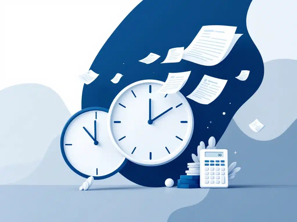 Moderne klok met geometrische wijzers naast zwevende administratieve documenten in wit en blauw, symboliseert efficiënte workflow.