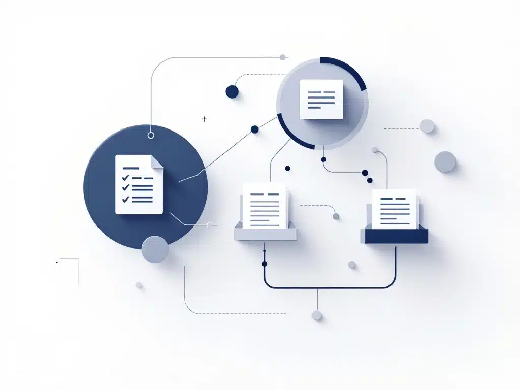 Geometrische vormen die payroll outsourcing workflow tonen met onderling verbonden cirkels en rechthoeken op witte achtergrond