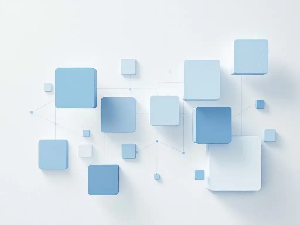 Zwevende geometrische AFAS softwaremodules in zachte blauwtinten en wit op minimalistische achtergrond