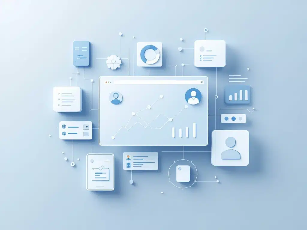 Minimalistisch HR-dashboard mockup met geometrische interface-elementen, data-analytics grafieken en workflow-iconen in blauw-grijze kleuren