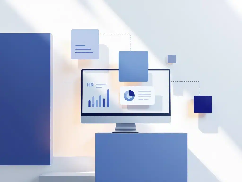 Moderne HR-dashboard interface met blauwe en grijze datapanelen verbonden door digitale workflows op witte achtergrond