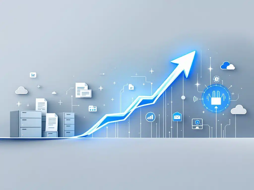 Digitale transformatie van HR-elementen: van papieren documenten naar cloud-opslag met opwaartse pijl in blauw-wit design