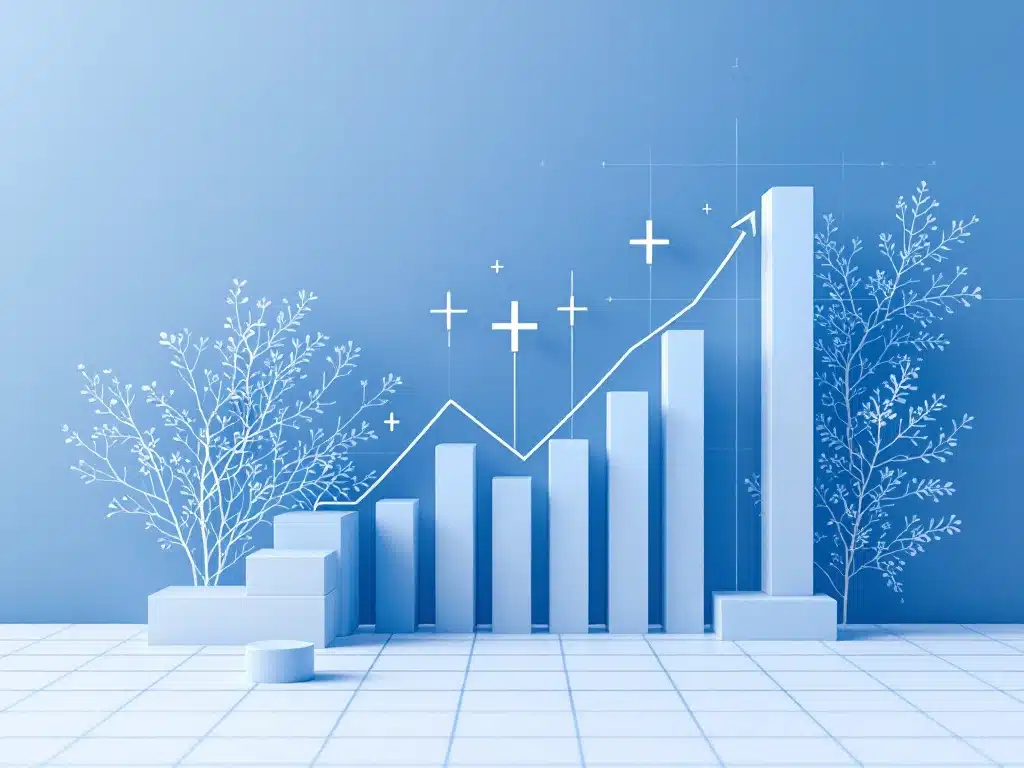 Moderne calculator met opwaartse pijl op geometrische achtergrond, blauwe en witte kleuren, HR-software concept