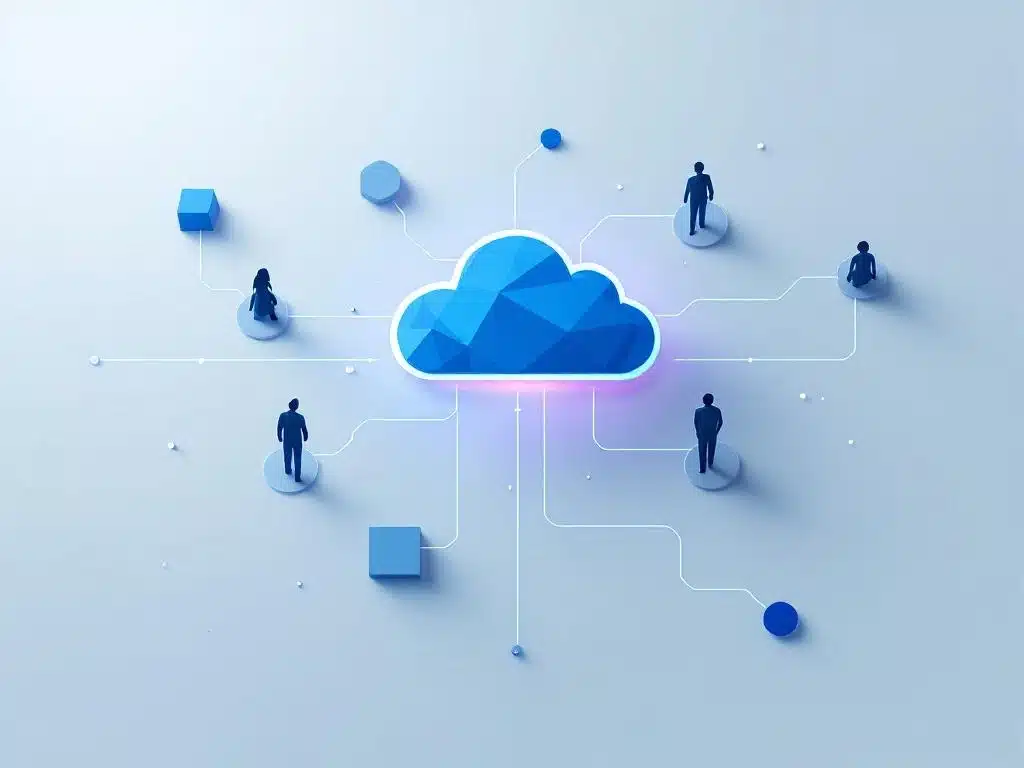 Geometrische cloud-pictogram verbonden met menselijke silhouetten via digitale paden in blauw-wit HR software ontwerp