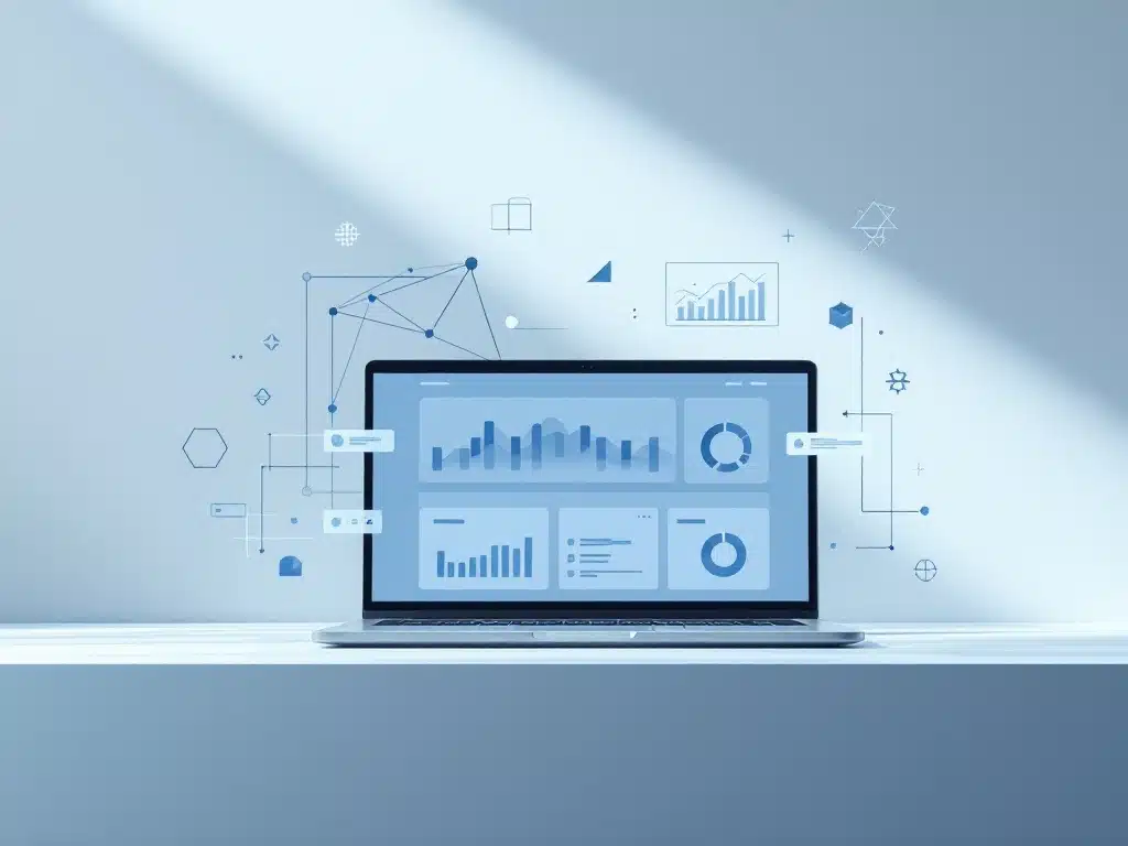 Moderne laptop met software dashboard interface, omringd door zwevende grafieken en datavisualisaties in blauw-wit design