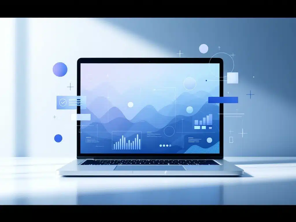 Moderne laptop met HR-software interface en blauwe geometrische vormen op witte achtergrond