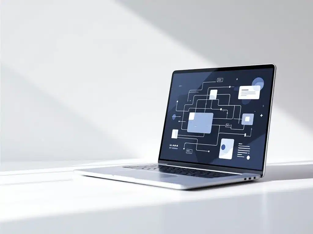 Laptop met HR-software interface en beslisboom diagram op witte achtergrond met blauwe en grijze accenten