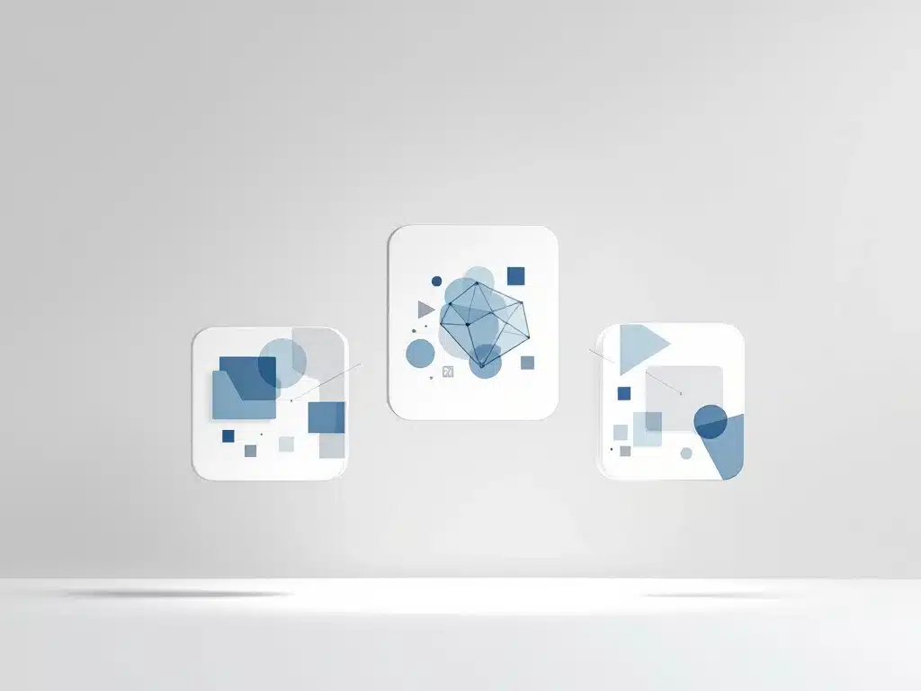 Drie zwevende panelen met geometrische patronen verbonden door lijnen, symboliserend HR software selectie proces