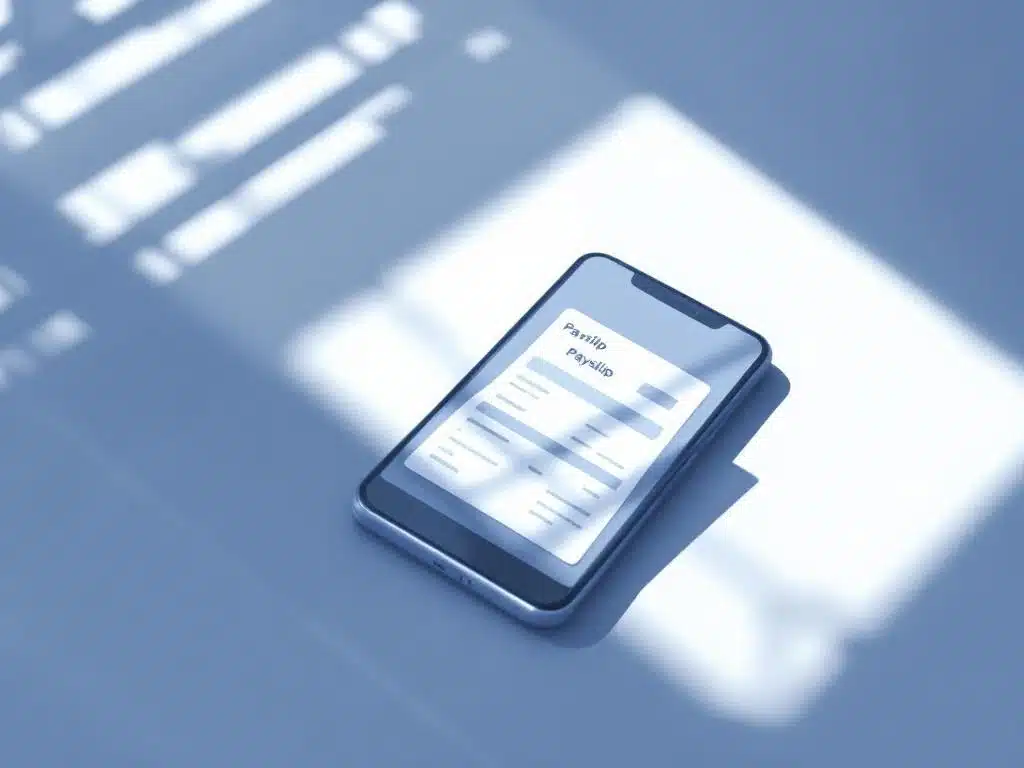 Smartphone met digitale loonstrook op wit bureau met zachte schaduwen en minimalistische compositie