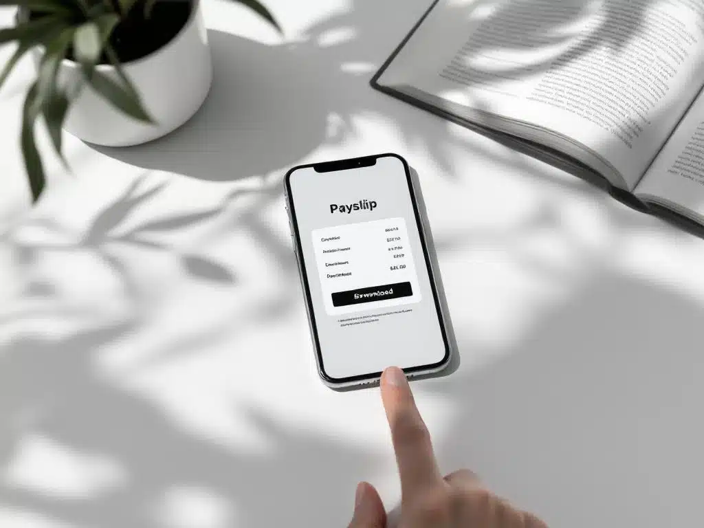 Smartphone met digitale loonstrook op scherm, vinger raakt downloadknop aan op wit bureau