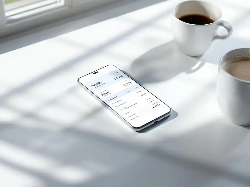 Smartphone met digitale loonstrook op wit bureau naast koffiekop in minimalistisch kantoor