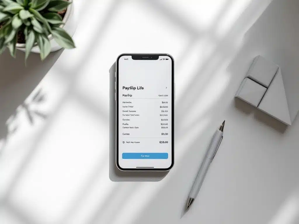 Smartphone met digitaal loonstrookje op wit bureau met papieren documenten, bovenaanzicht in minimalistisch kantoor