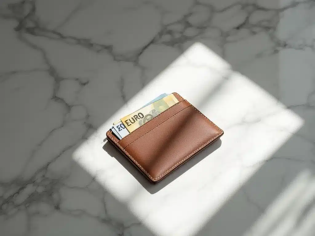 Bruine lederen portemonnee op wit marmeren oppervlak met euro bankbiljetten aan de rand, zachte schaduwen