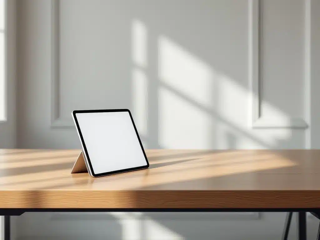 Moderne tablet op houten bureau bij servicebalie in minimalistisch kantoor met natuurlijk licht