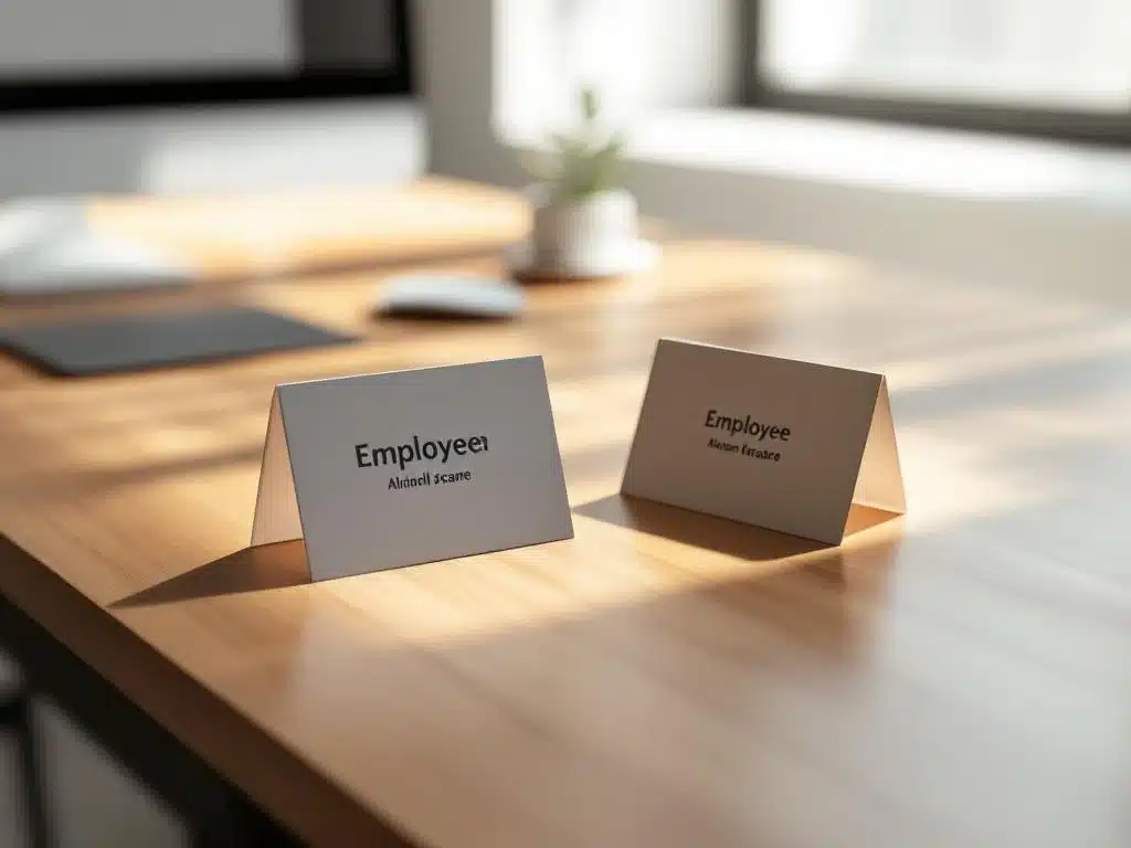 Twee visitekaartjes op houten bureau in minimaal kantoor met natuurlijk licht en witte muren