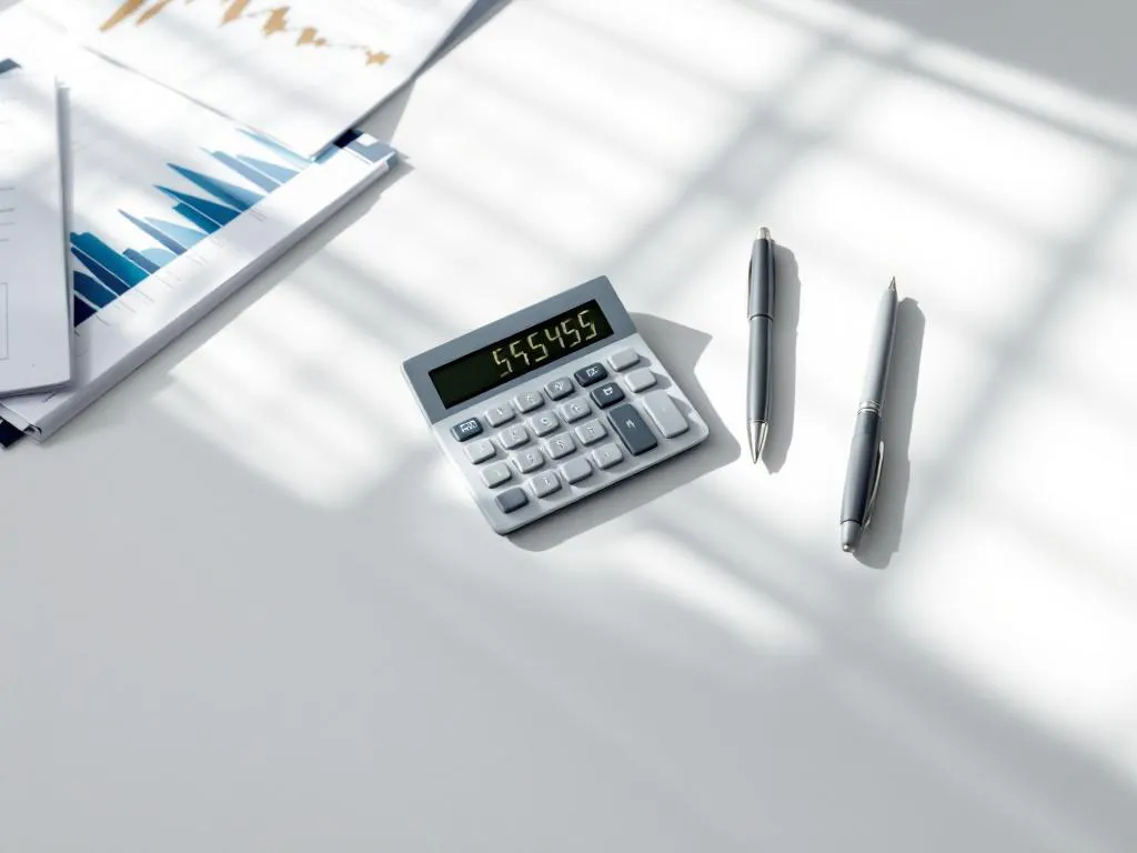 Rekenmachine met duidelijke cijfers op wit bureau naast pen en financiële documenten in moderne kantooromgeving