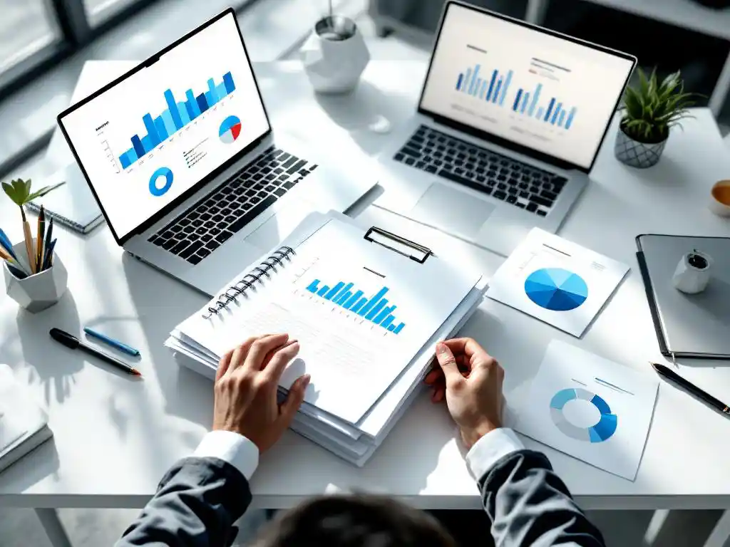 Consultant organiseert digitale documenten en grafieken op wit bureau met laptop en minimalistische werktools