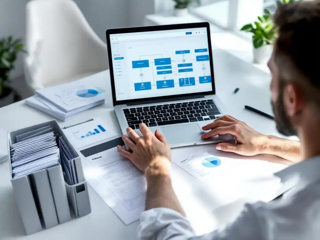 Professionele consultant organiseert digitale workflow op moderne werkplek met laptop en gestructureerd archiefsysteem