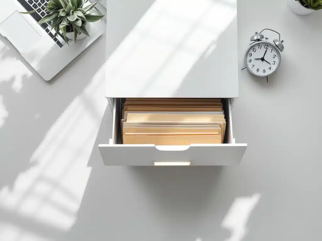 Wit bureau met geopende ladekast met georganiseerde salarisdocumenten in mappen en moderne klok, bovenaanzicht