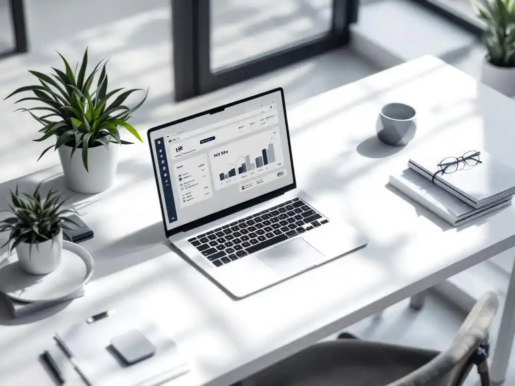 Moderne laptop op wit bureau met HR-documenten en vetplant in georganiseerde werkruimte, bovenaanzicht