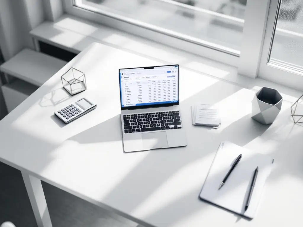 Moderne laptop met spreadsheet op wit bureau met rekenmachine en salarisadministratie documenten in professionele werkruimte