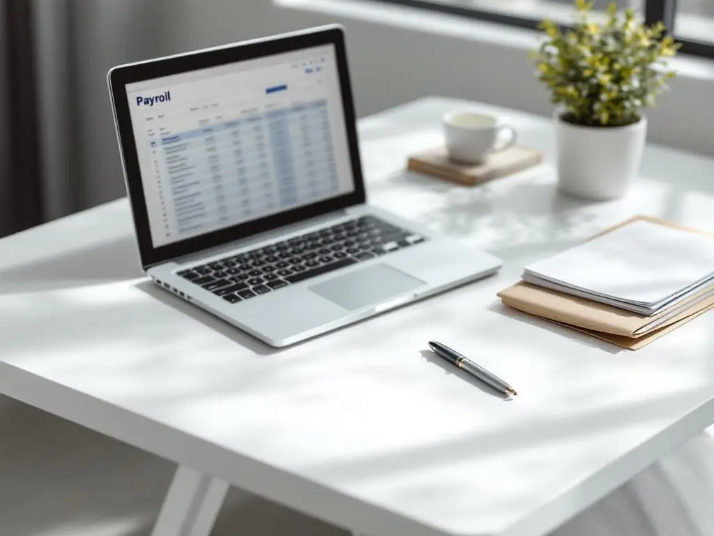 Laptop met digitale spreadsheets naast papieren salarisadministratie en mappen op wit bureau in modern kantoor