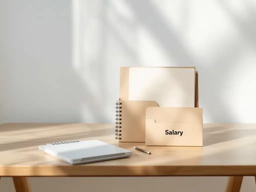 Houten bureau met georganiseerde salarismap en rekenmachine in minimalistisch kantoor met natuurlijk licht