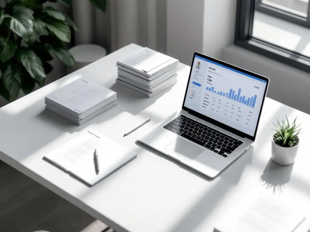 Moderne werkplek met laptop met payroll dashboard, georganiseerde papieren, rekenmachine en pen op wit bureau