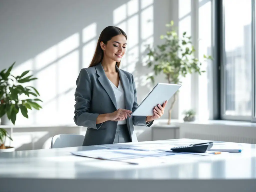 Professionele zakenvrouw met tablet toont loongegevens aan bureau met documenten en calculator in modern kantoor