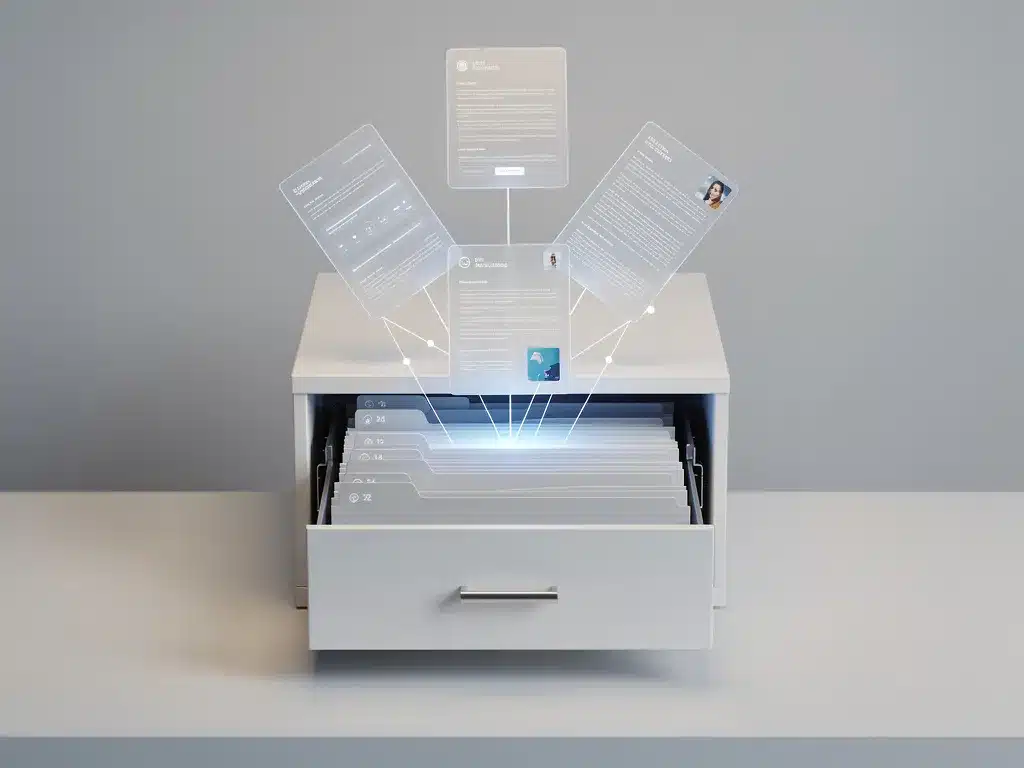 Witte archiefkast met open lade vol mappen die overgaan in zwevende digitale documenten, minimalistische werkruimte