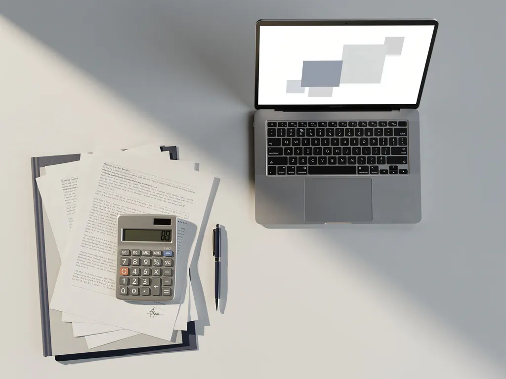 Modern kantoorbureau met diagonale schaduw toont papieren documenten en rekenmachine tegenover laptop met digitale interface