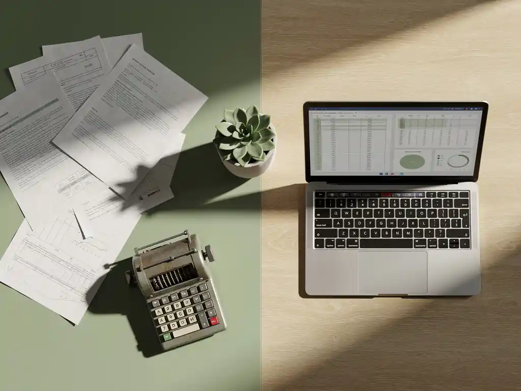 Houten bureau met vintage rekenmachine en documenten links, laptop met digitale spreadsheets rechts, vetplant in het midden