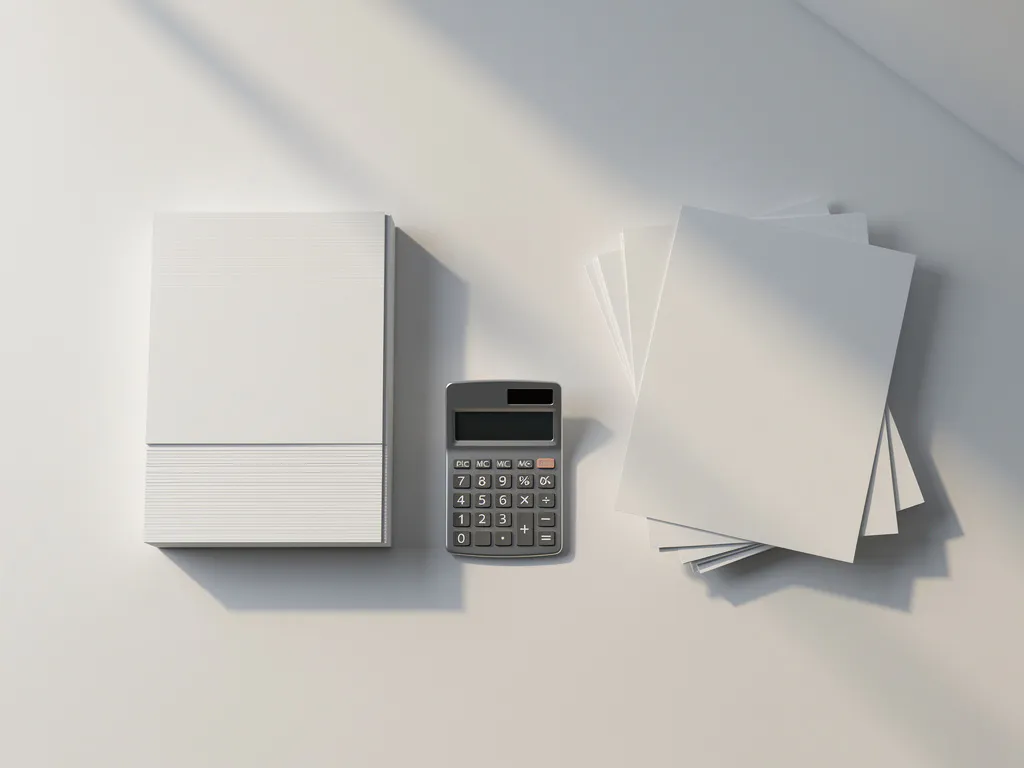 Witte bureau met twee stapels financiële documenten en moderne rekenmachine in minimalistisch overhead perspectief