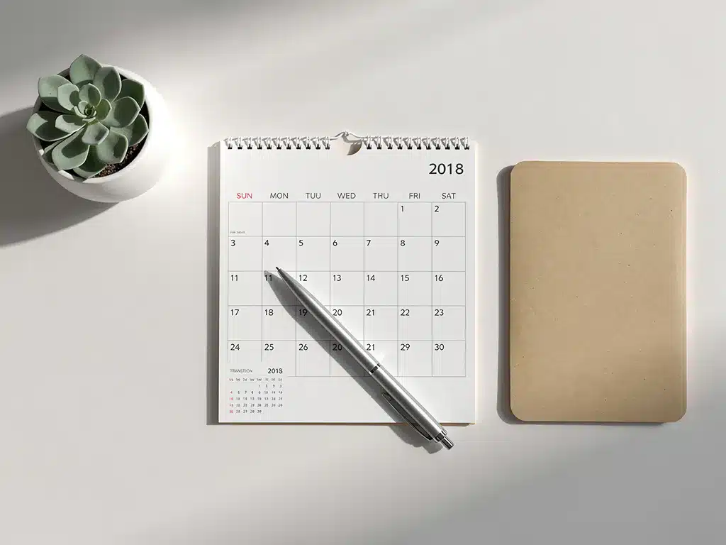 Witte bureaukalender met zilveren pen die overgangsdatums markeert, vetplant en manila map op georganiseerde werkplek