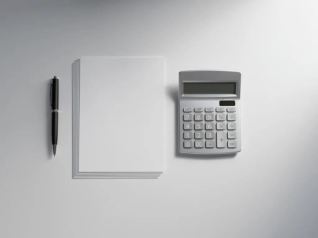 Witte bureau met zilveren calculator, stapel salarisadministratie documenten en zwarte pen in minimalistisch kantoor