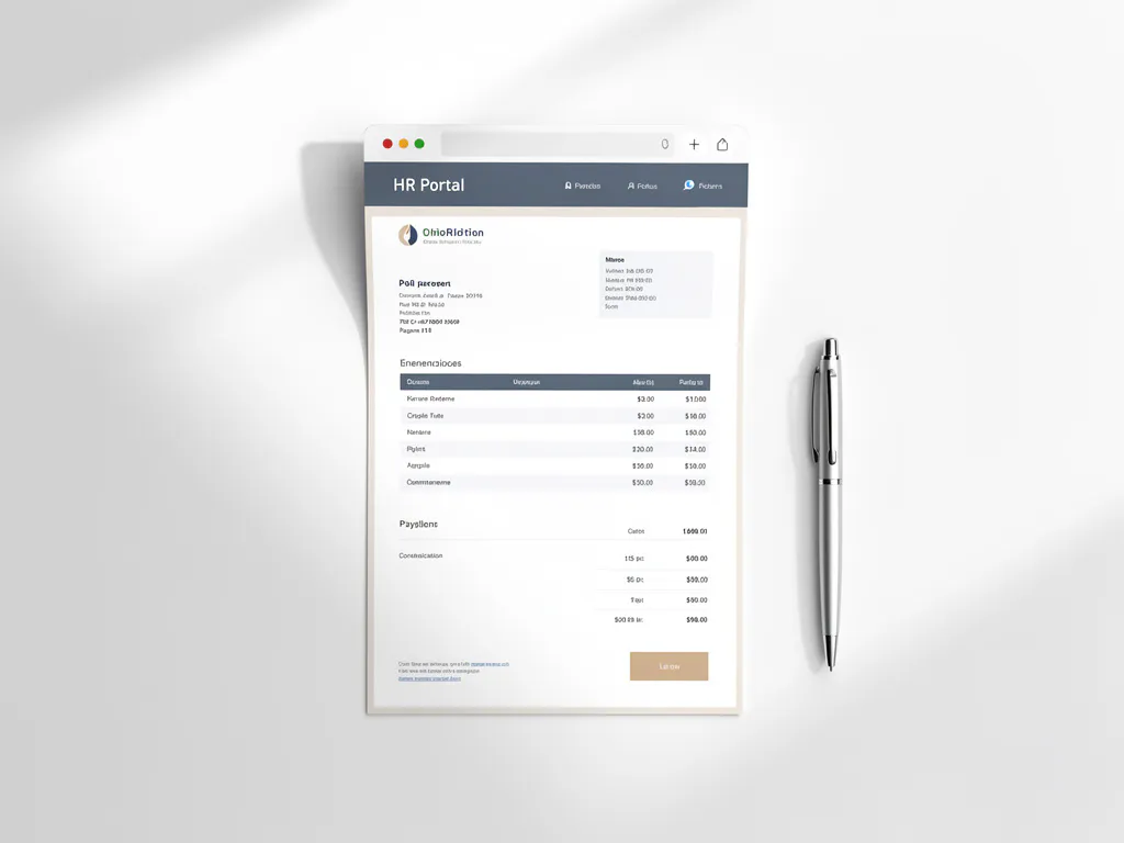 Digitale loonstrook op een minimalistisch wit bureau met pen, weergegeven via een HR-portaalinterface in blauw en wit.