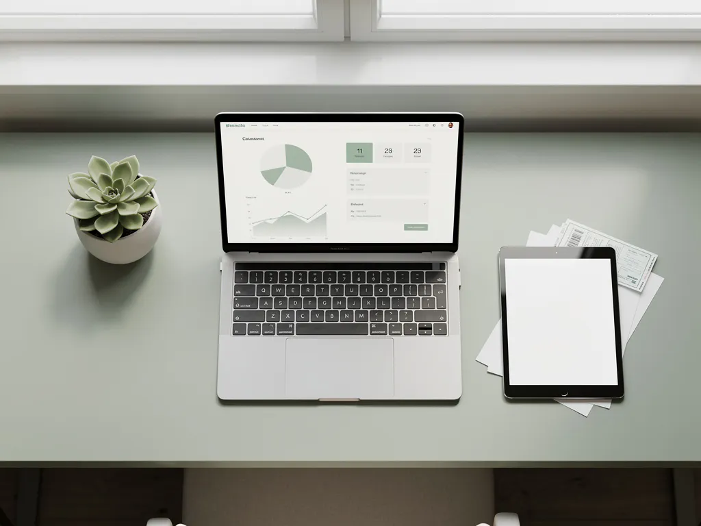 Minimalistisch bureau met laptop en dashboard, tablet die papieren loonstroken vervangt, vetplant en zachte daglichtschaduwen.