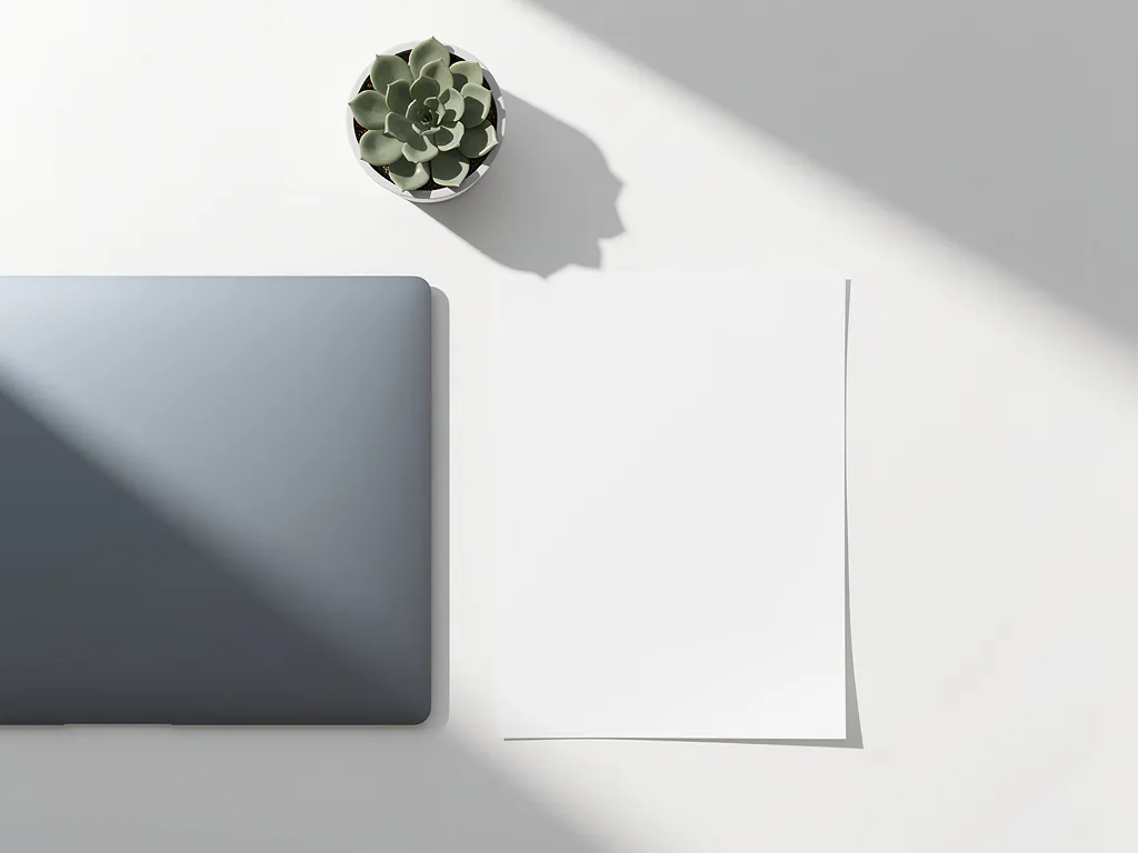 Loonstrook op wit bureau naast laptop en succulent, minimalistische flatlay in leisteenblauw en saliegroen.