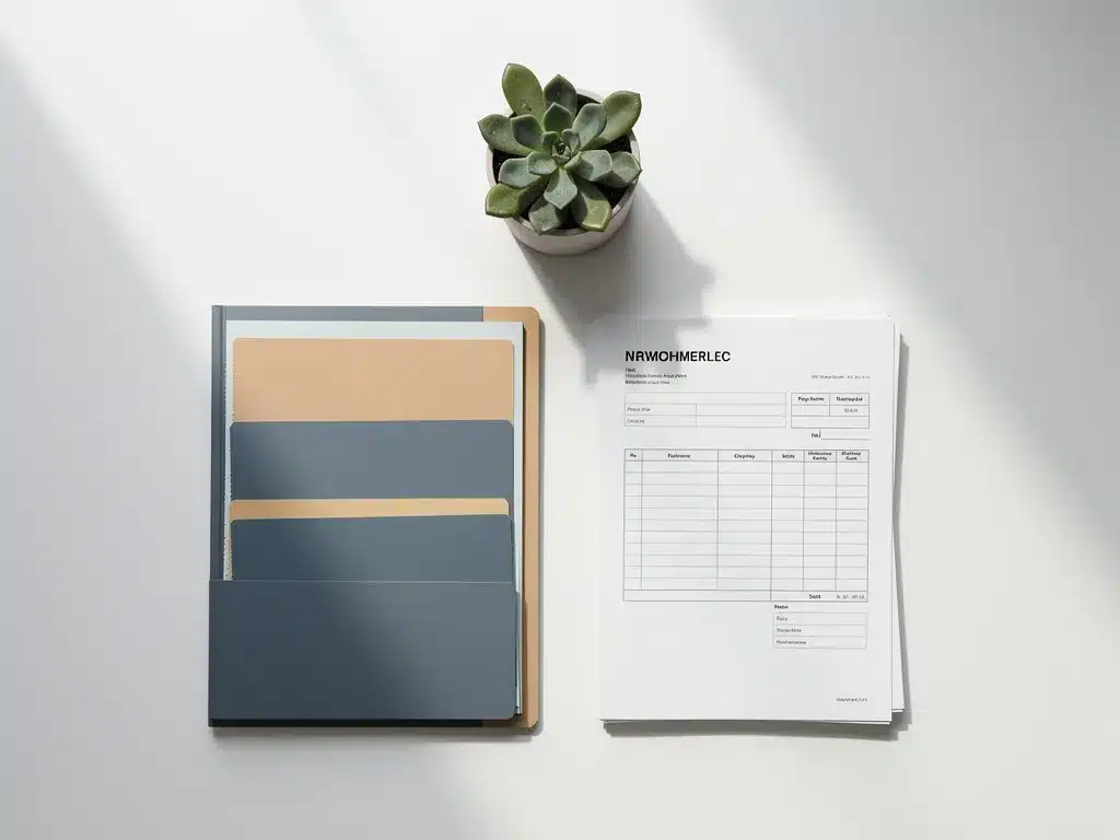 Personeelsdossier en loonstrook op een opgeruimd HR-bureau met een kleine vetplant, fotografeerd van bovenaf in natuurlijk licht.